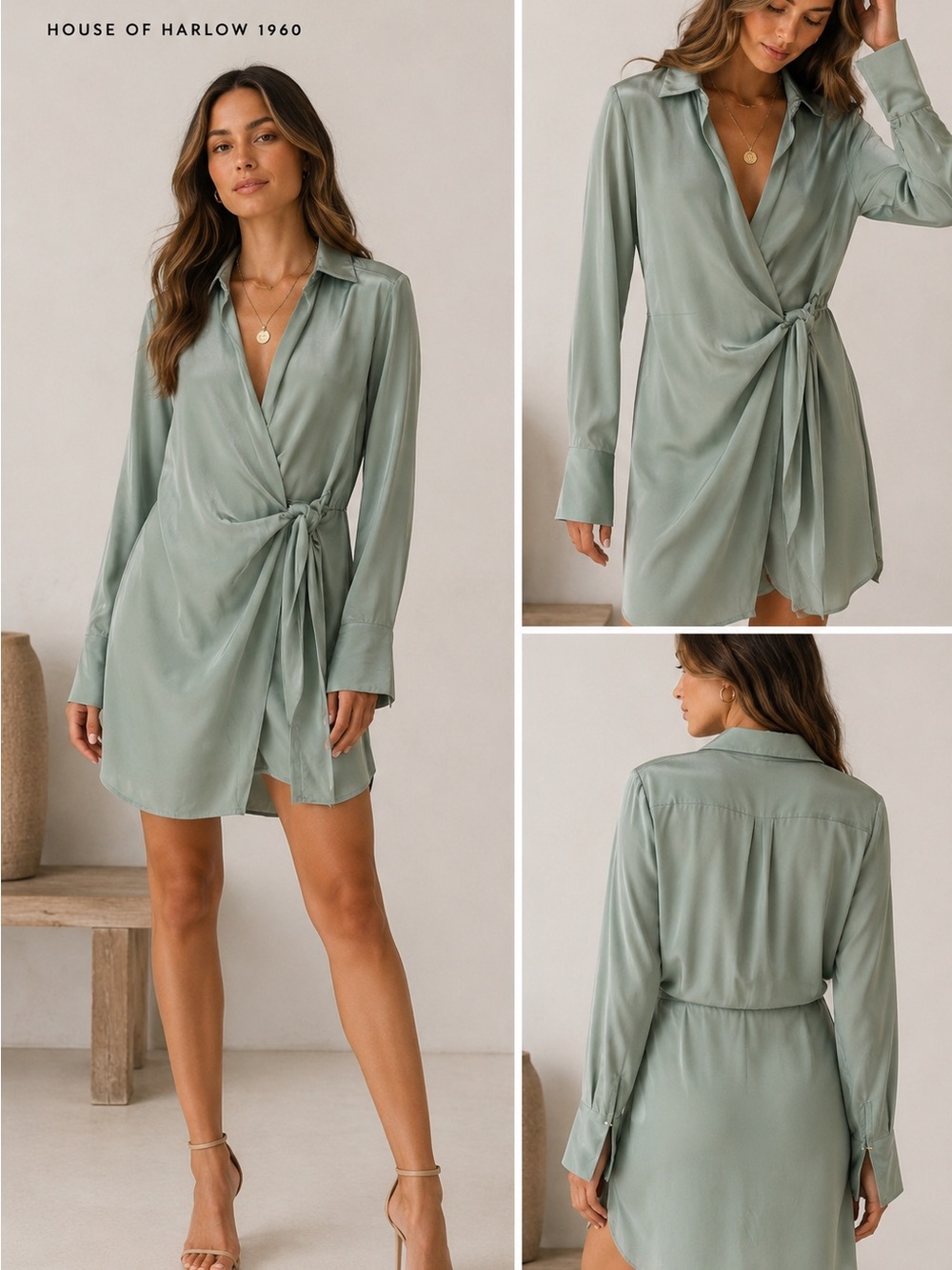 House of Harlow 1960 Sage Green Satin Wrap Dress